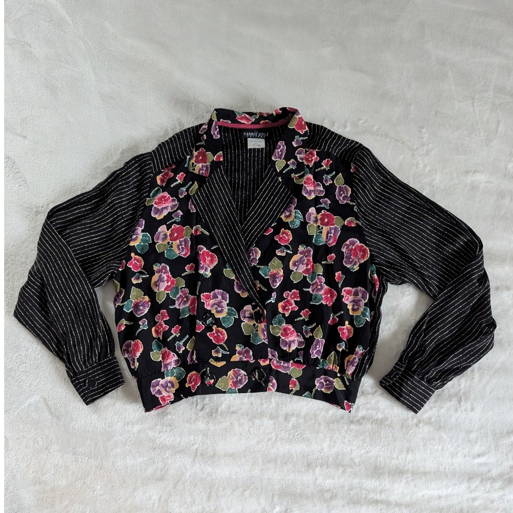 VTG Carole Little Petites Black Floral Striped Blazer‎ Jacket Women's Size 6